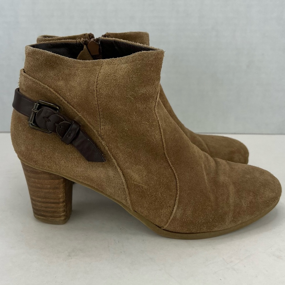 GH Bass tan suede booties with brown buckle/strap detail